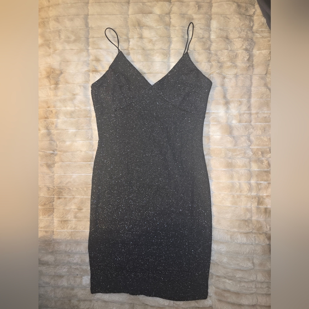 Black Sparkle V-Neck Mini Slip Dress